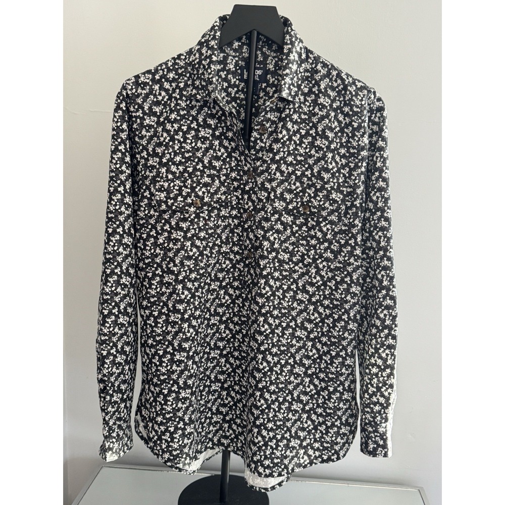 Lands' End Women's Button Front Floral Shirt Black‎ Gray White LS Sz M (10-12)
